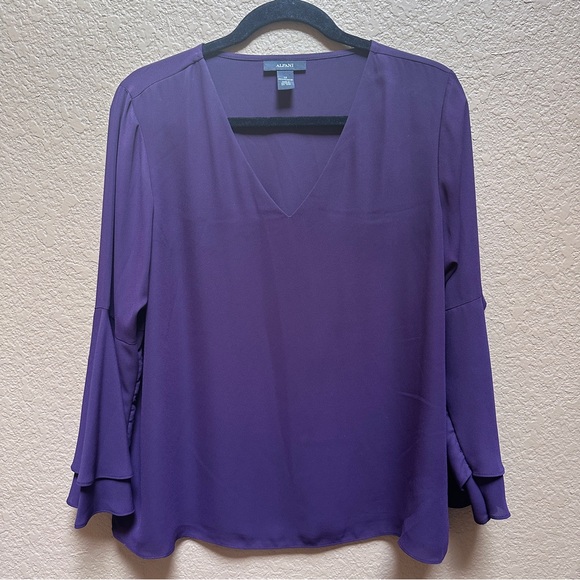 Alfani Purple Bell Sleeve Blouse Size L | V-Neck Office Top | Flowy & Chic - Picture 1 of 4
